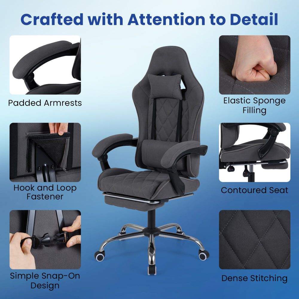 Gaming chair with adjustable height, headrest, lumbar support, and padded armrests for ergonomic comfort in gray.