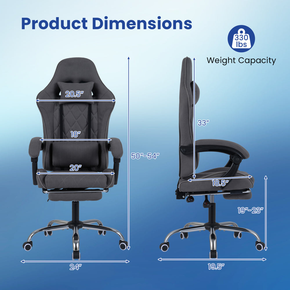 Gaming chair dimensions with adjustable height, headrest, and lumbar support for optimal comfort and stability.
