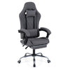 Height adjustable gray gaming chair with headrest, lumbar support, and retractable footrest for optimal comfort.