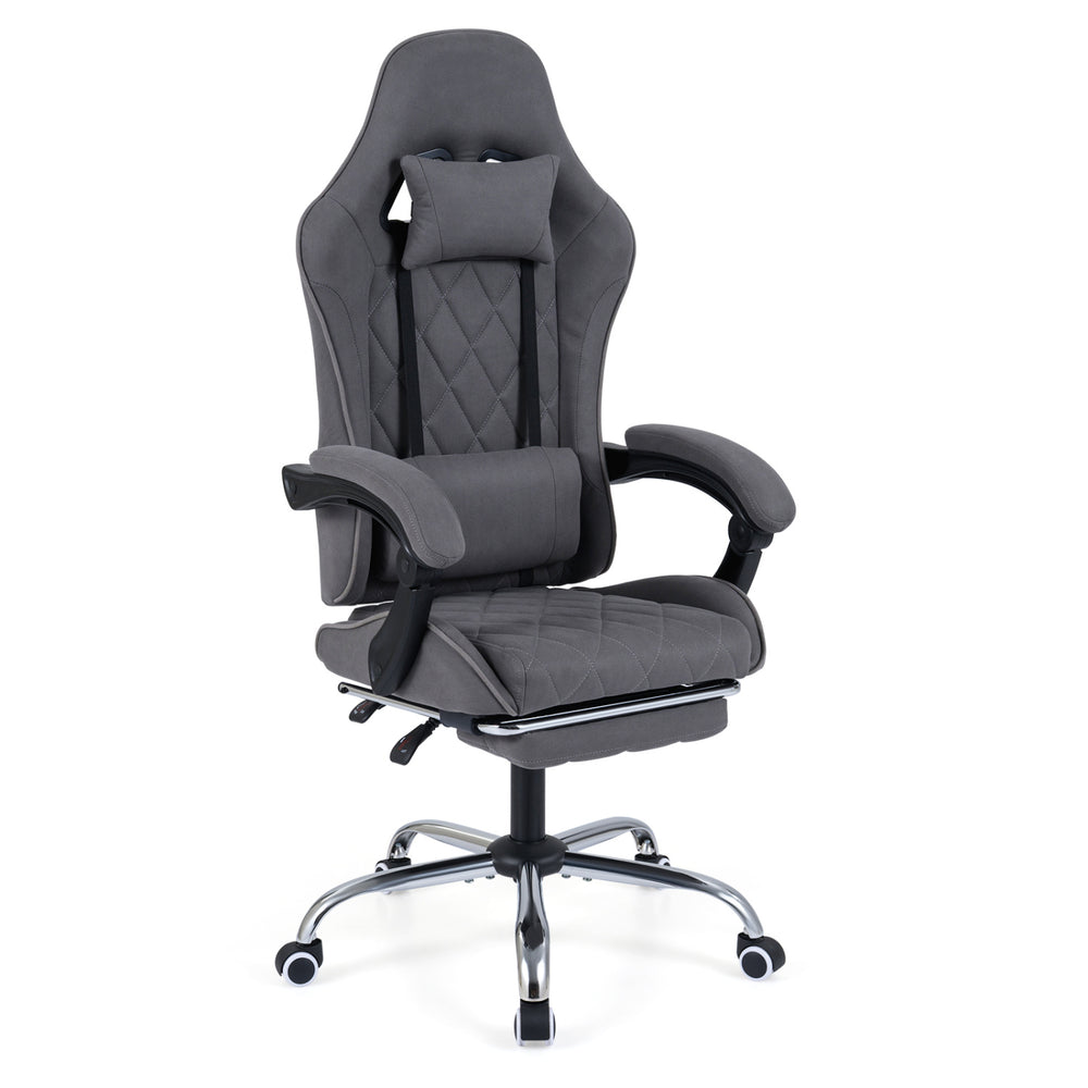 Height adjustable gray gaming chair with headrest, lumbar support, and retractable footrest for optimal comfort.