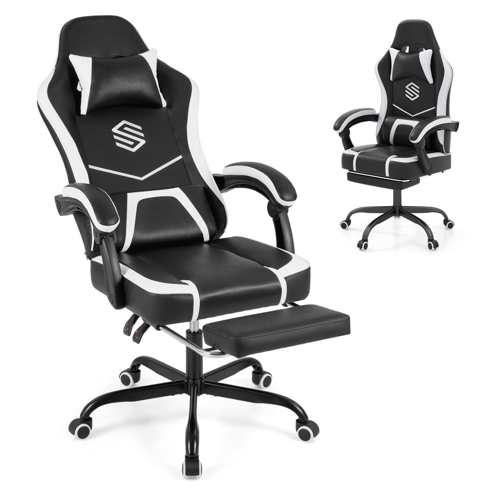 Ergonomic black gaming chair with adjustable height, headrest, and retractable footrest for optimal comfort during.