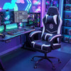 Height adjustable gaming chair in black with ergonomic design, headrest, and lumbar support for optimal comfort.