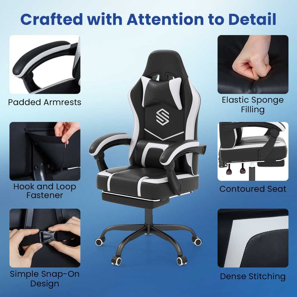 Gaming chair with ergonomic design, adjustable height, padded armrests, and retractable footrest for optimal comfort.