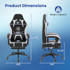 Gaming chair dimensions showing height adjustment, ergonomic design, and 330 lbs weight capacity for optimal comfort.