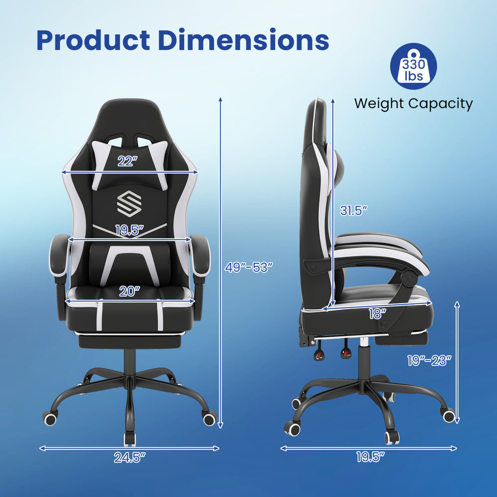 Gaming chair dimensions showing height adjustment, ergonomic design, and 330 lbs weight capacity for optimal comfort.