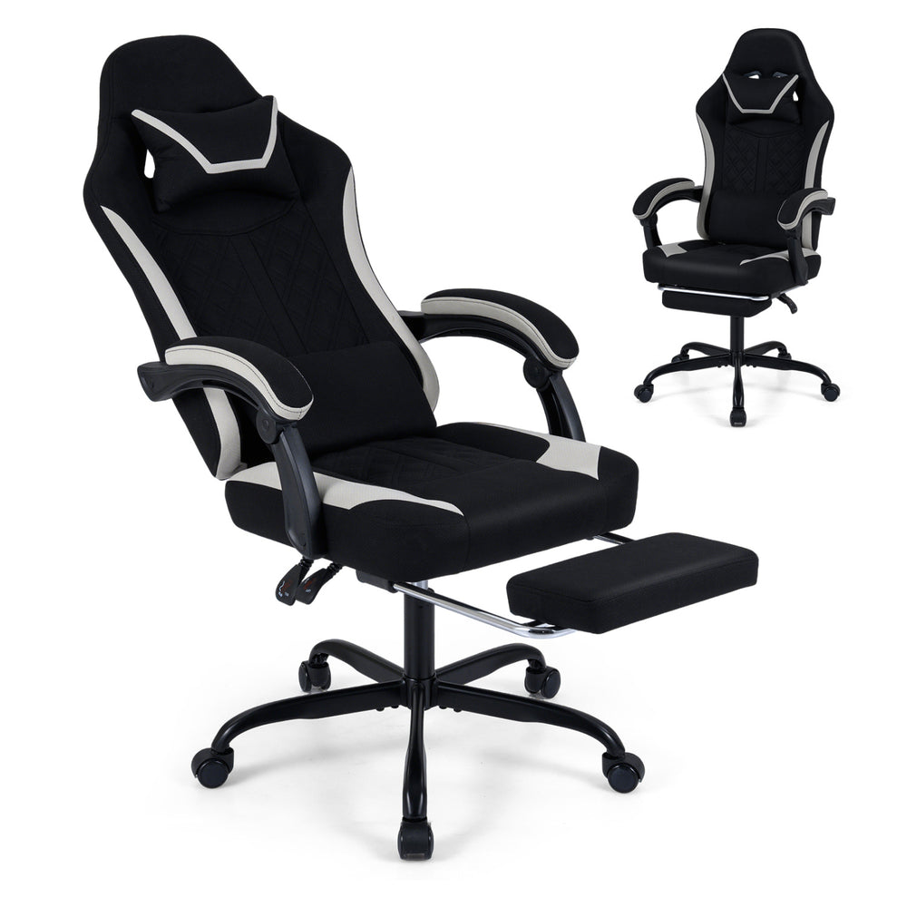 Gaming chair with adjustable height, headrest, footrest, and 360° swivel for optimal comfort during gaming sessions.