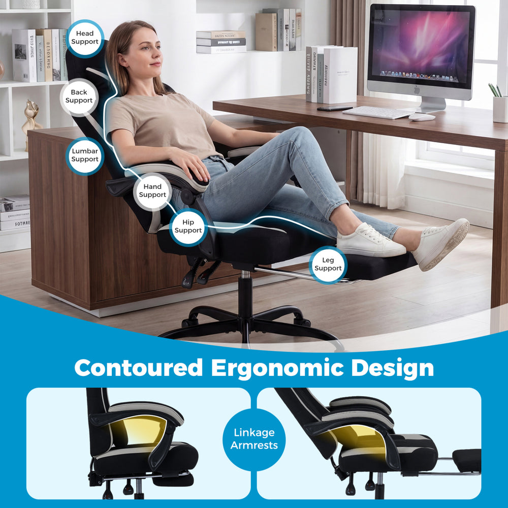 Gaming chair with ergonomic design, adjustable headrest, lumbar support, and retractable footrest for optimal comfort.