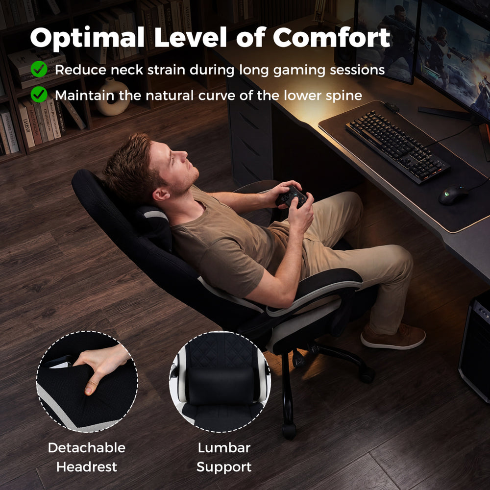 Gaming chair with adjustable headrest and lumbar support, featuring a retractable footrest for optimal comfort during.