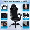 Gaming chair with adjustable height, headrest, footrest, and 360° swivel seat, designed for comfort during long gaming.