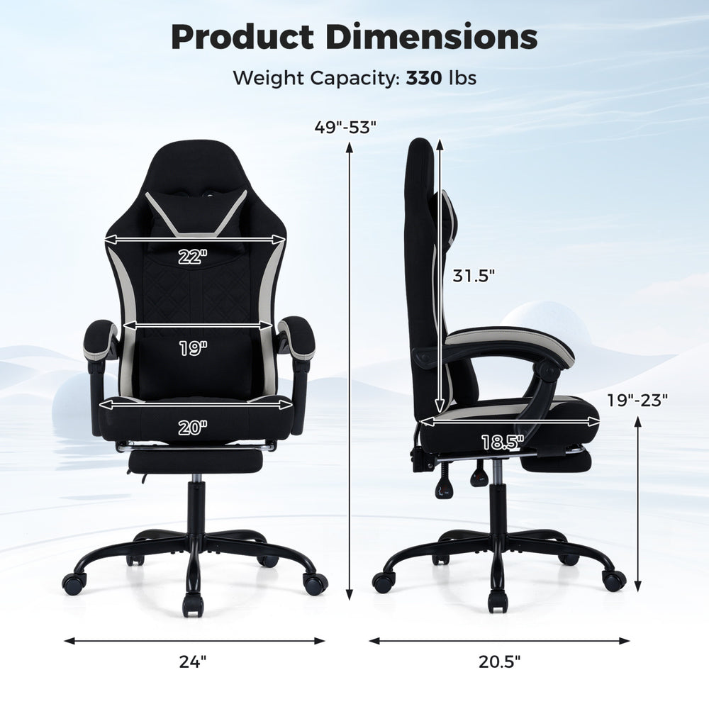 Gaming chair with adjustable height, headrest, footrest, and ergonomic design for optimal comfort during gaming.