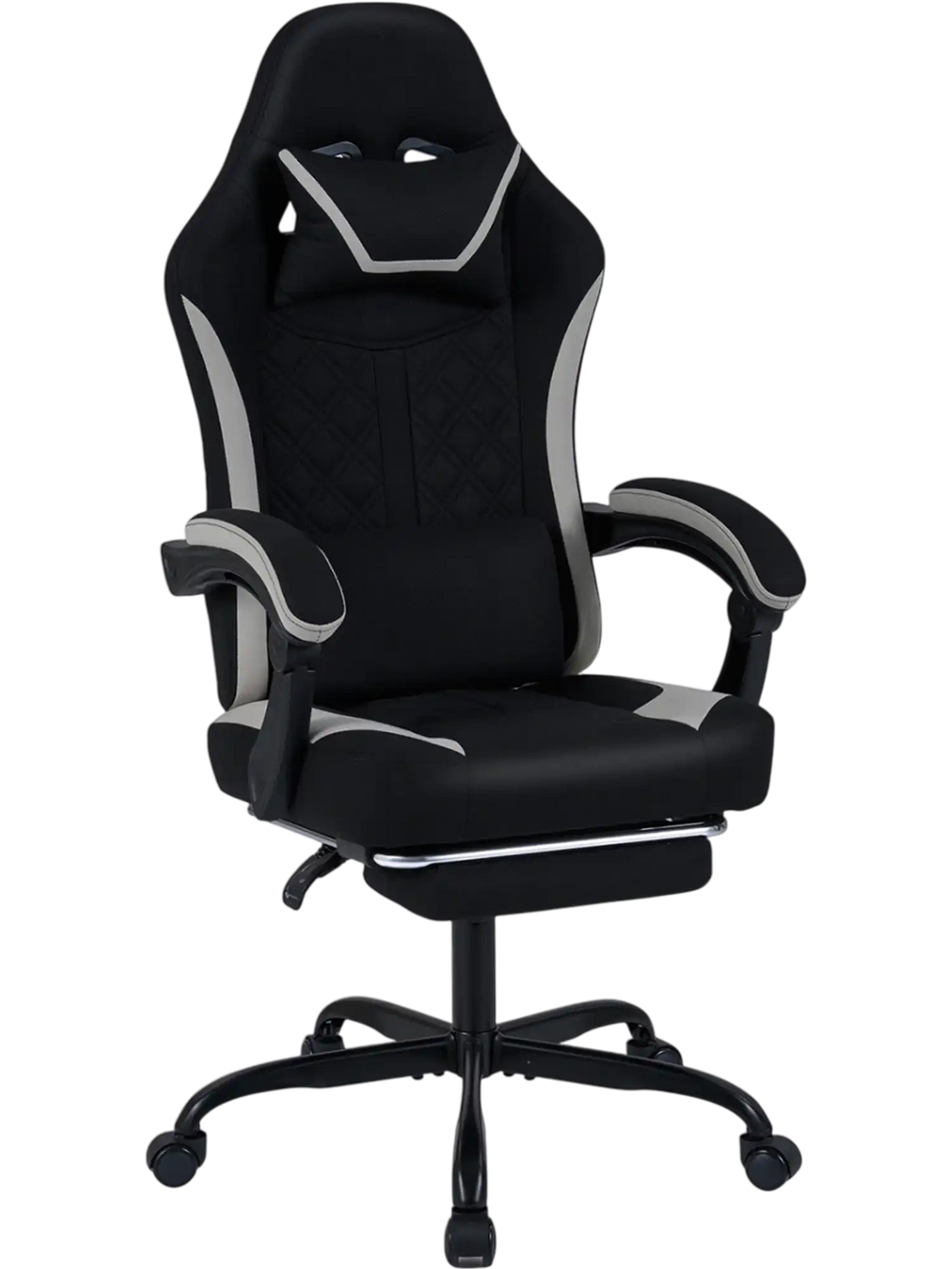 Height adjustable gaming chair in black with headrest, footrest, and 360° swivel for ergonomic comfort and support.