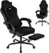 Gaming chair with adjustable height, headrest, lumbar support, and retractable footrest for ultimate comfort.