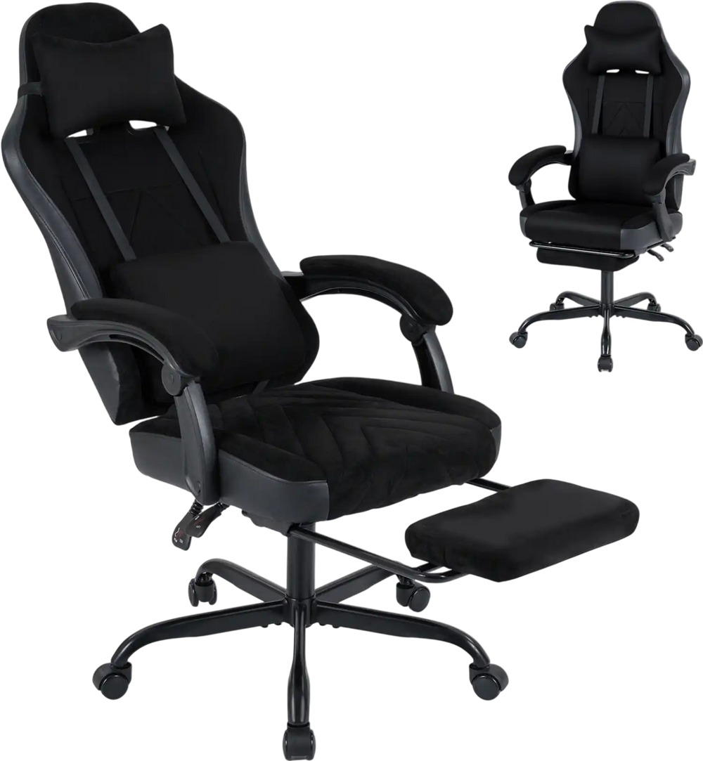 Gaming chair with adjustable height, headrest, lumbar support, and retractable footrest for ultimate comfort.
