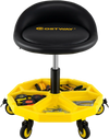 Height adjustable rolling garage stool in yellow with tool tray storage, ideal for garage or repair shop use.