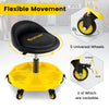 Height adjustable yellow rolling garage stool with tool tray storage, 5 wheels, and comfortable padded seat for.
