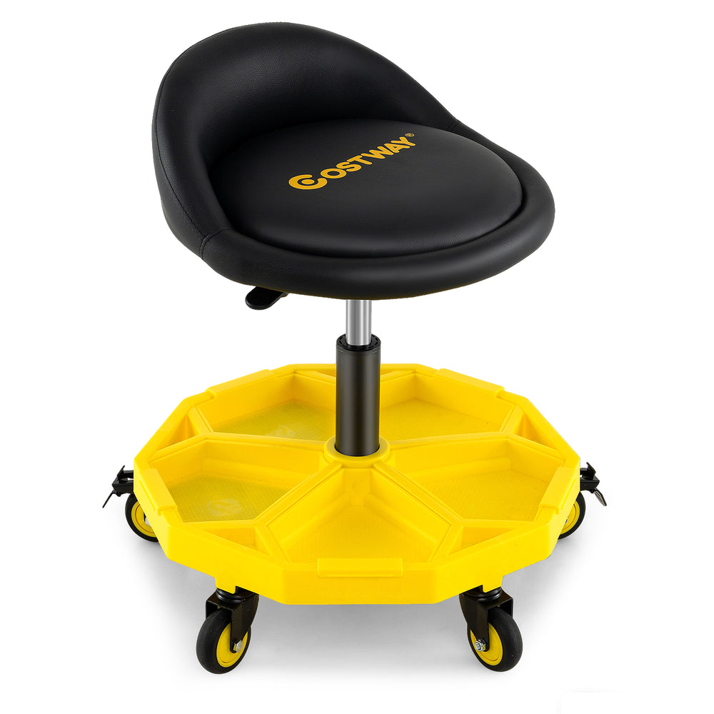 Height adjustable rolling garage stool in yellow with tool tray storage, padded seat, and 5 universal wheels for easy.