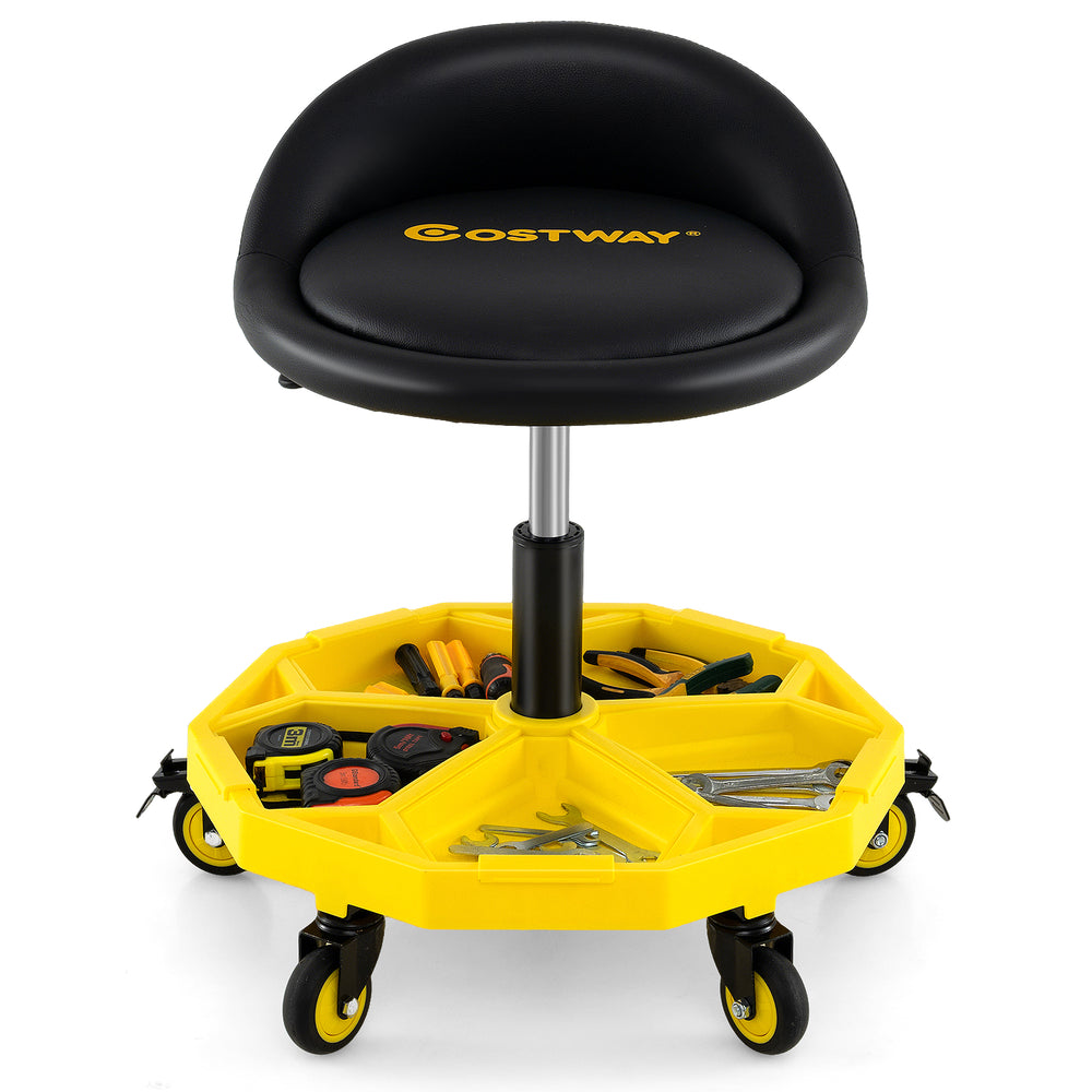 Height adjustable rolling garage stool with tool tray storage, yellow, features padded seat and universal wheels for.