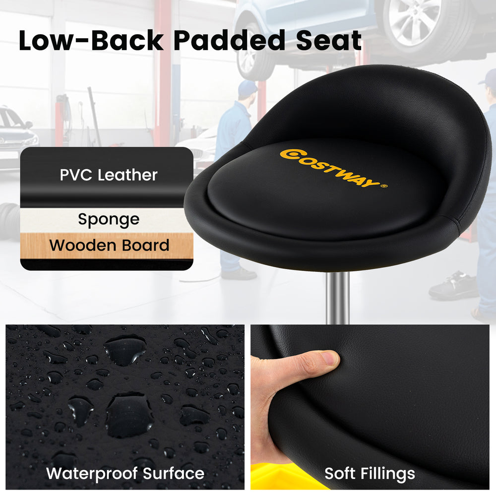 Height adjustable rolling garage stool with padded PVC leather seat, tool tray storage, and 5 wheels for easy mobility.