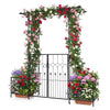 Garden arbor with a decorative gate and two planter boxes, showcasing vibrant flowers and a sturdy metal frame for.