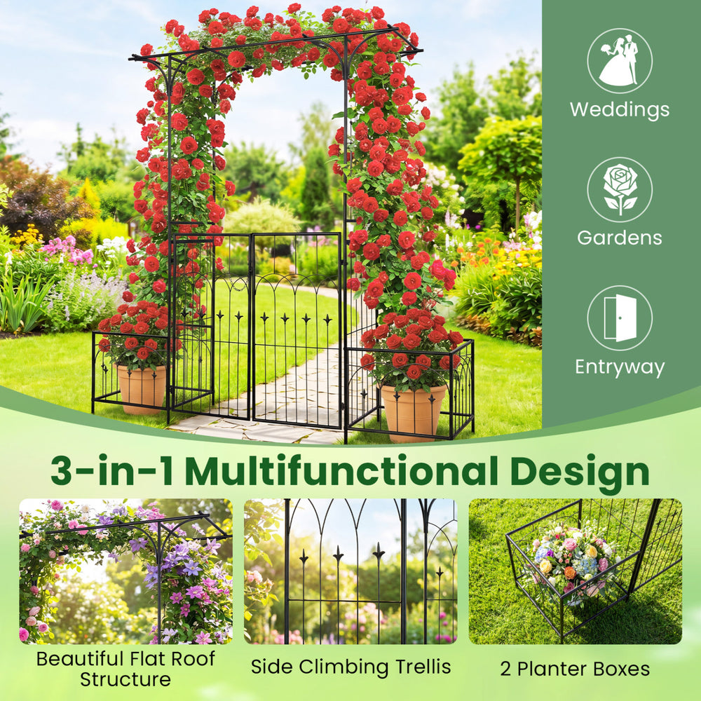 Garden arbor with gate and planter boxes, featuring a flat-roof design and side trellis for climbing plants.