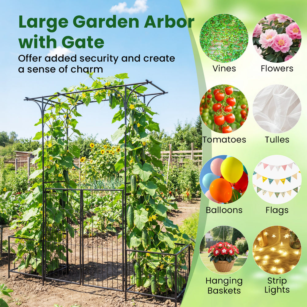 Large garden arbor with gate and planter boxes, featuring a sturdy metal frame and side trellis for climbing plants.