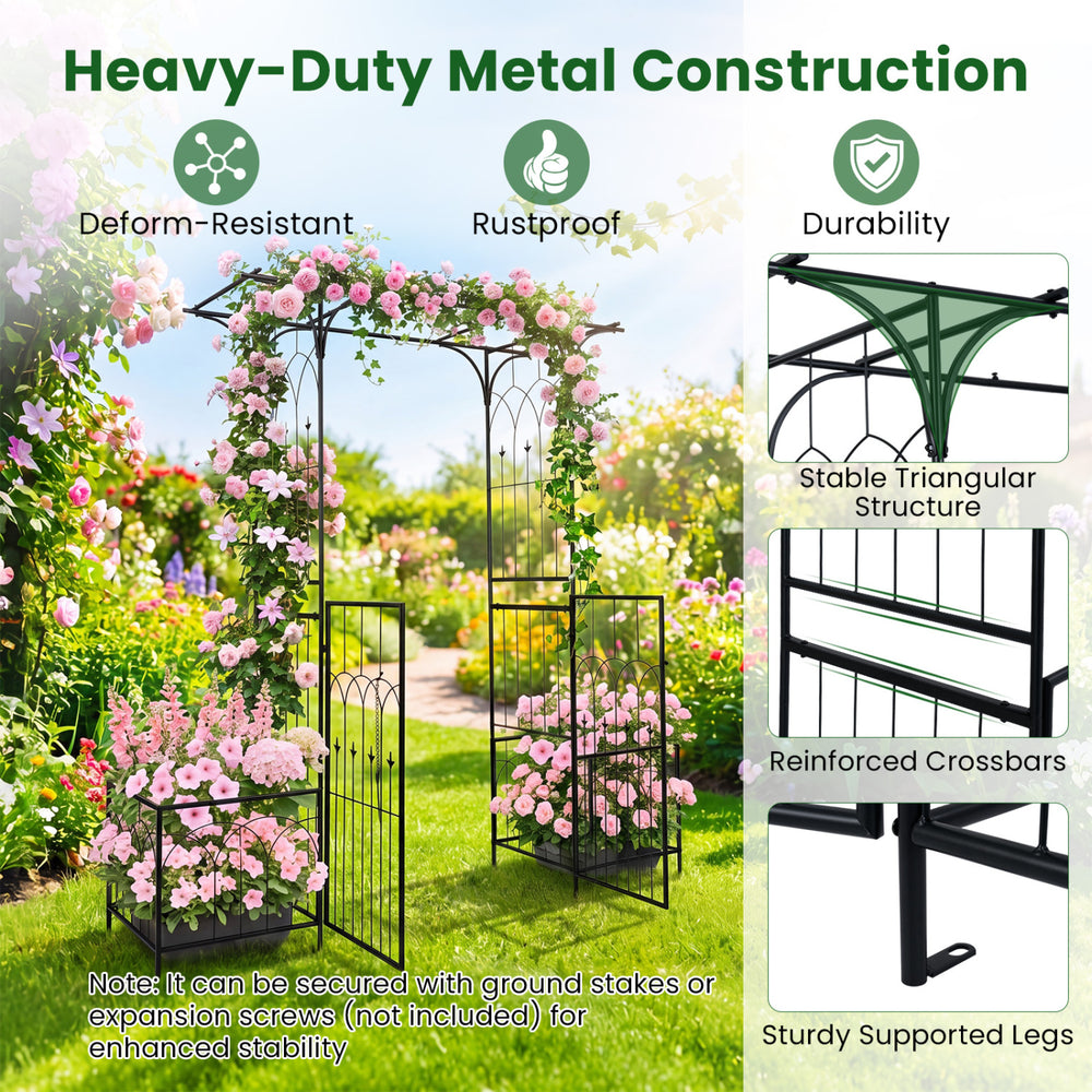 Garden arbor with gate and planter boxes, heavy-duty metal construction, perfect for supporting climbing plants and.