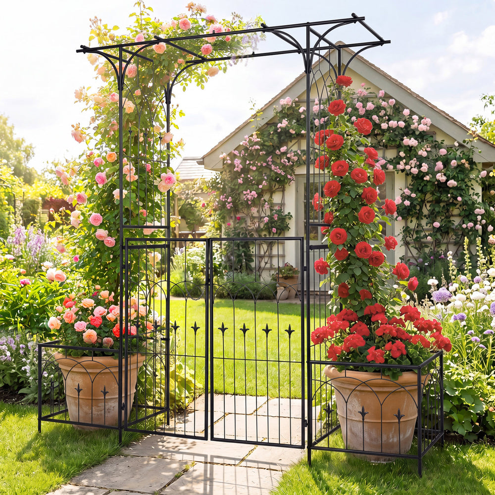 Garden arbor with gate and planter boxes, featuring a heavy-duty metal arch and side trellis for climbing plants.