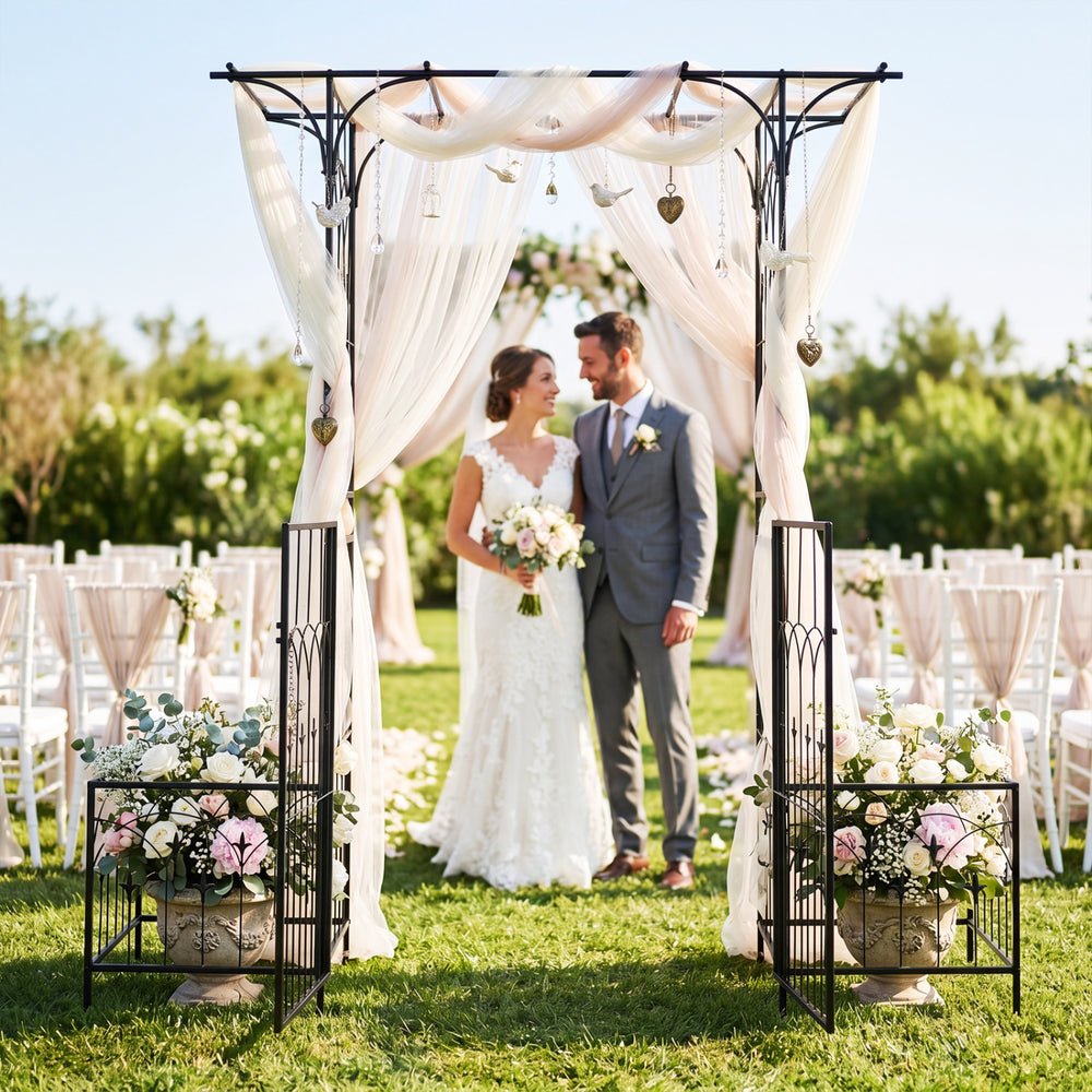 Garden arbor with gate and planter boxes, featuring a flat roof and side trellis, ideal for garden events and.