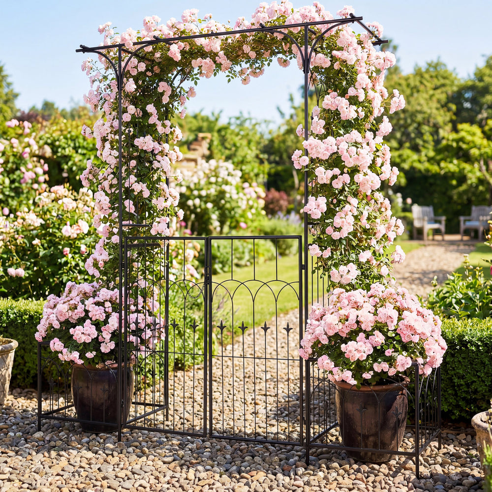 Garden arbor with gate and planter boxes, featuring a heavy-duty metal arch and climbing trellis for vibrant flowers.