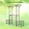 Garden arbor with gate and planter boxes, featuring a flat roof and side trellis for climbing plants, 81 inches tall.