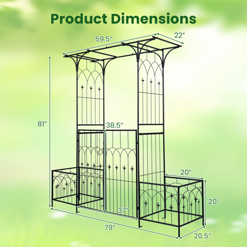 Garden arbor with gate and planter boxes, featuring a flat roof and side trellis for climbing plants, 81 inches tall.
