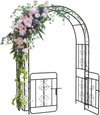 Black garden arbor with gate, featuring elegant flower decoration and reinforced crossbars for stability in outdoor.