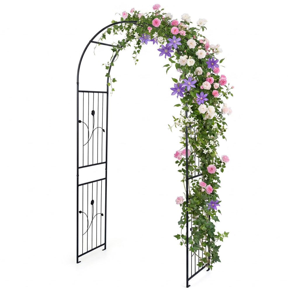 Heavy-duty metal garden arch with floral accents, 87 inches tall, ideal for climbing plants and outdoor events.