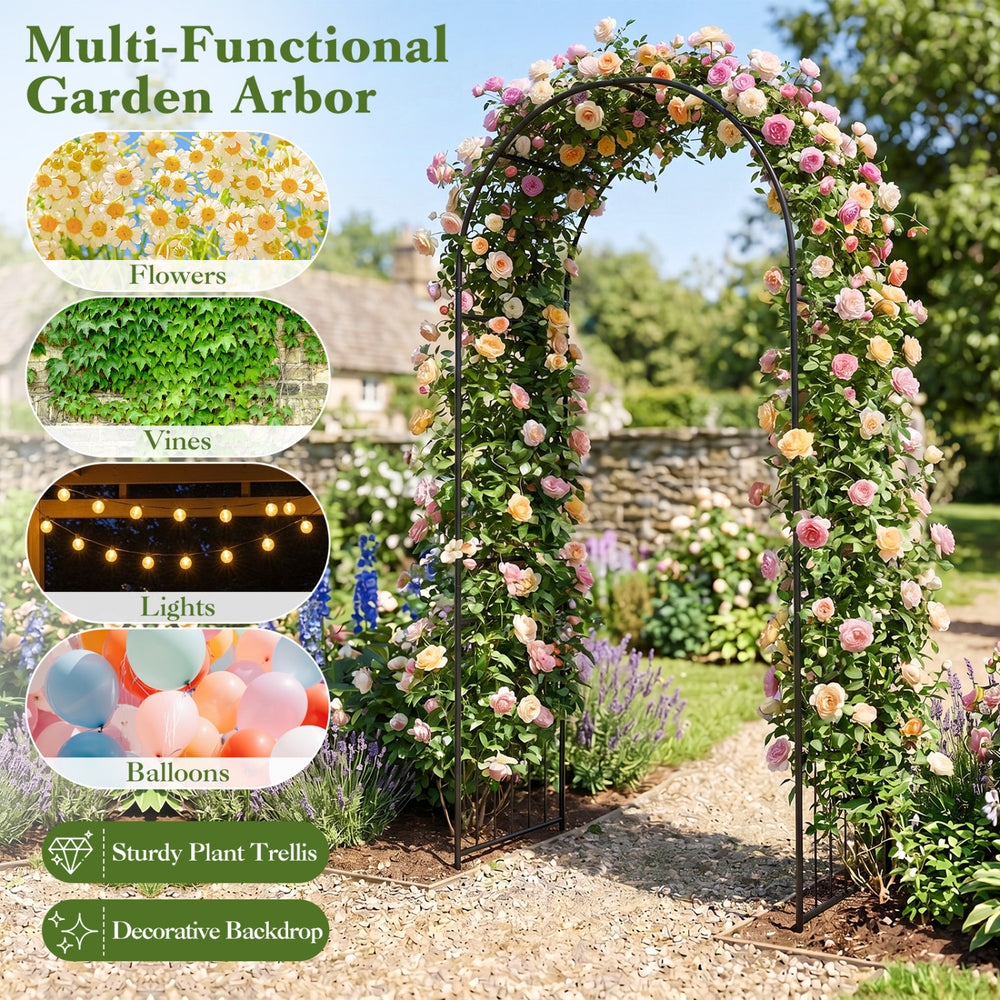 Heavy-duty metal garden arch trellis, 87 inches tall, designed for climbing plants and decorative accents in outdoor.