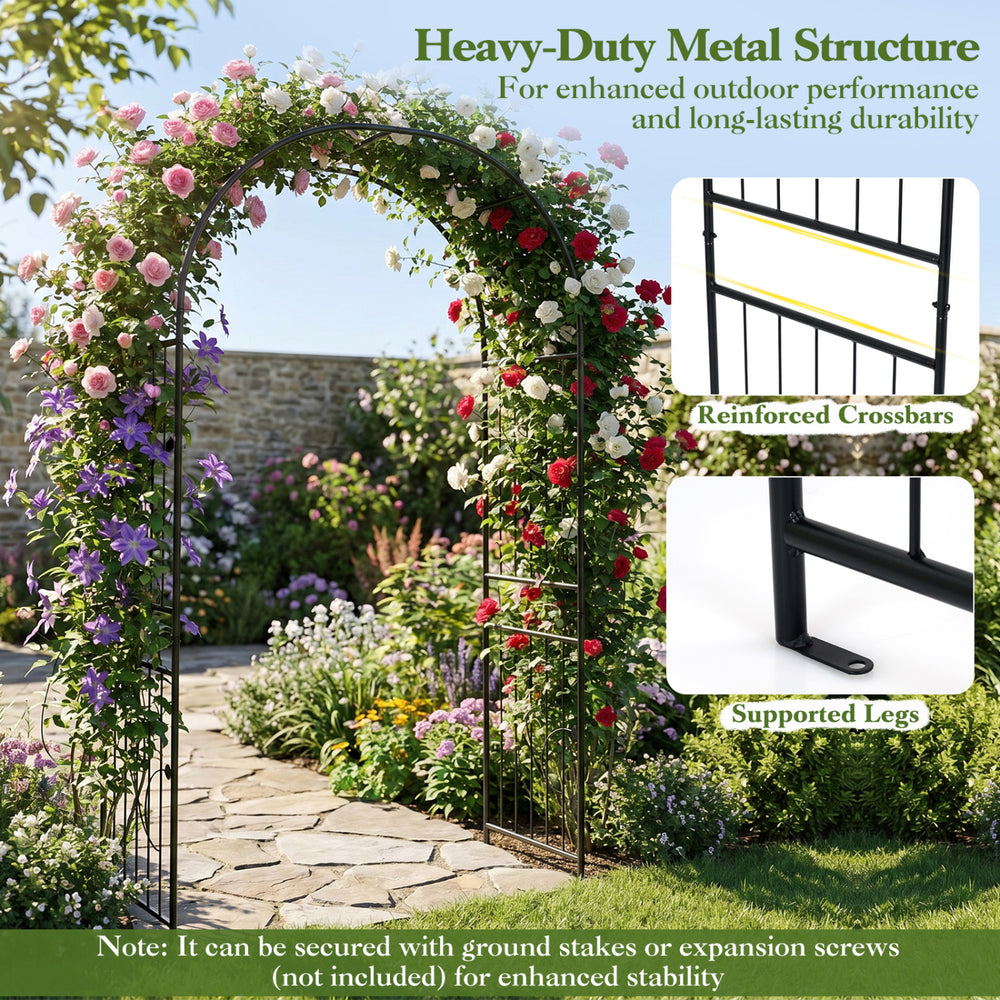 Garden arch trellis, 87 inches tall, heavy-duty metal with reinforced crossbars, perfect for climbing plants in gardens.