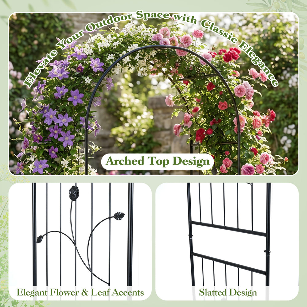Heavy-duty metal garden arch with arched top, slatted design, and elegant flower accents for climbing plants.