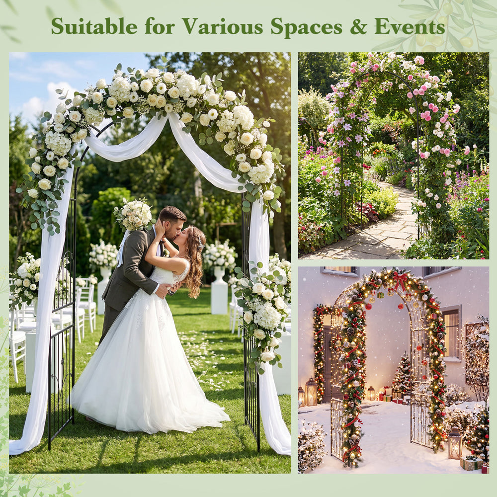 Heavy-duty metal garden arch 87 inches tall with elegant accents, ideal for climbing plants and outdoor events.