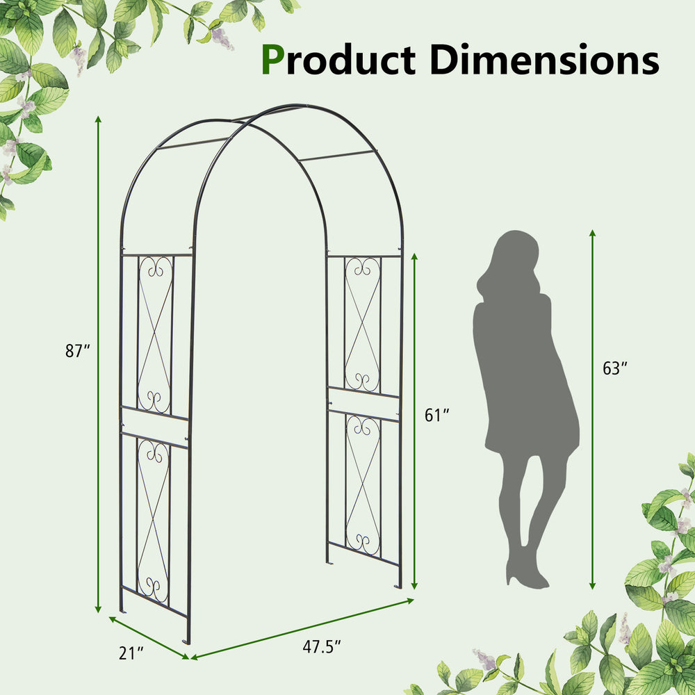 Garden arch trellis with dimensions 87" height and 47.5" width, ideal for climbing plants and outdoor decorations.