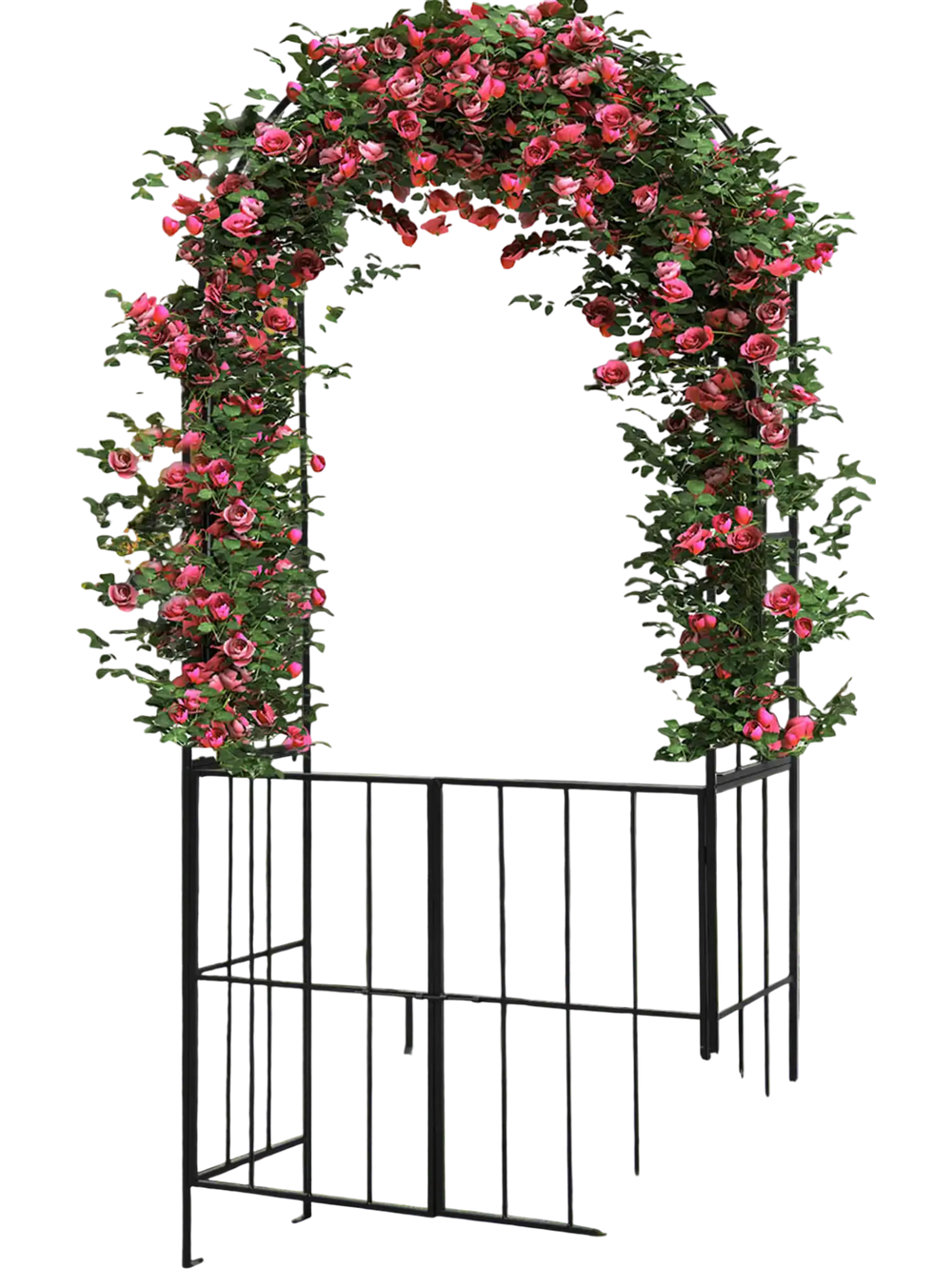 Garden arch arbor trellis with gate in black, featuring climbing trellises and floral decoration for outdoor elegance.