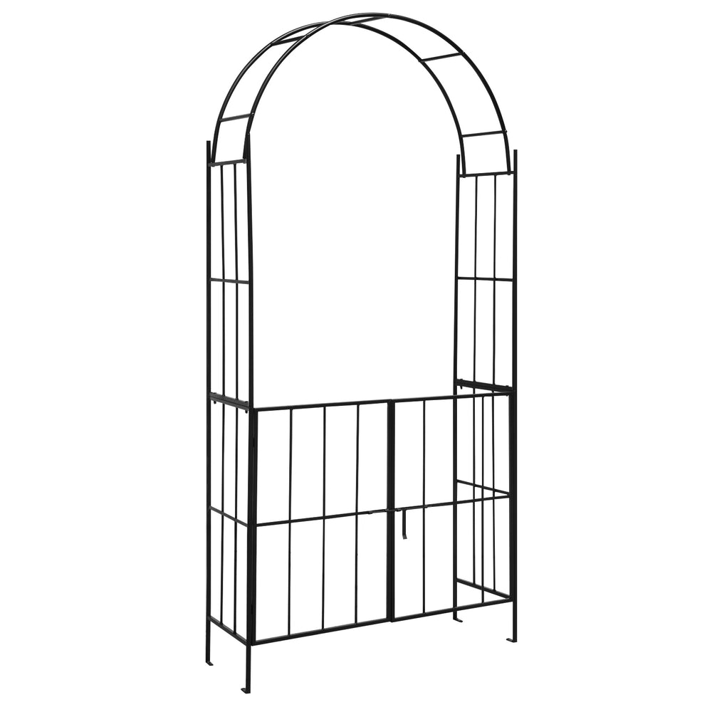 Black garden arch arbor trellis with gate, sturdy metal frame, ideal for climbing plants and outdoor decoration.