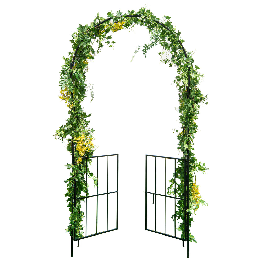 Garden arch arbor trellis with gate in black, featuring climbing plant supports and an elegant design for outdoor use.