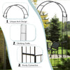 Black garden arch arbor trellis with gate, featuring a unique arch design and climbing trellises for plant support.