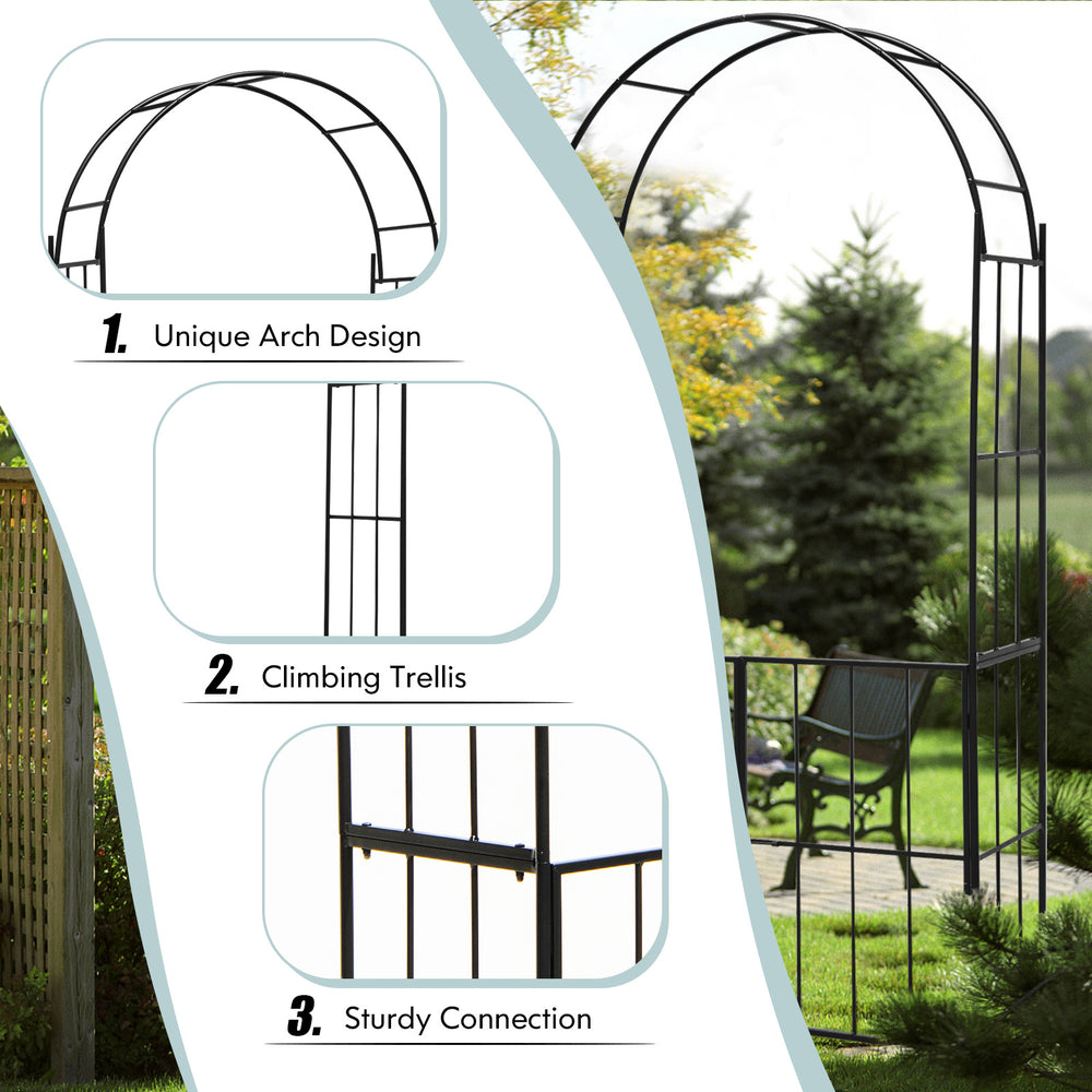 Black garden arch arbor trellis with gate, featuring a unique arch design and climbing trellises for plant support.