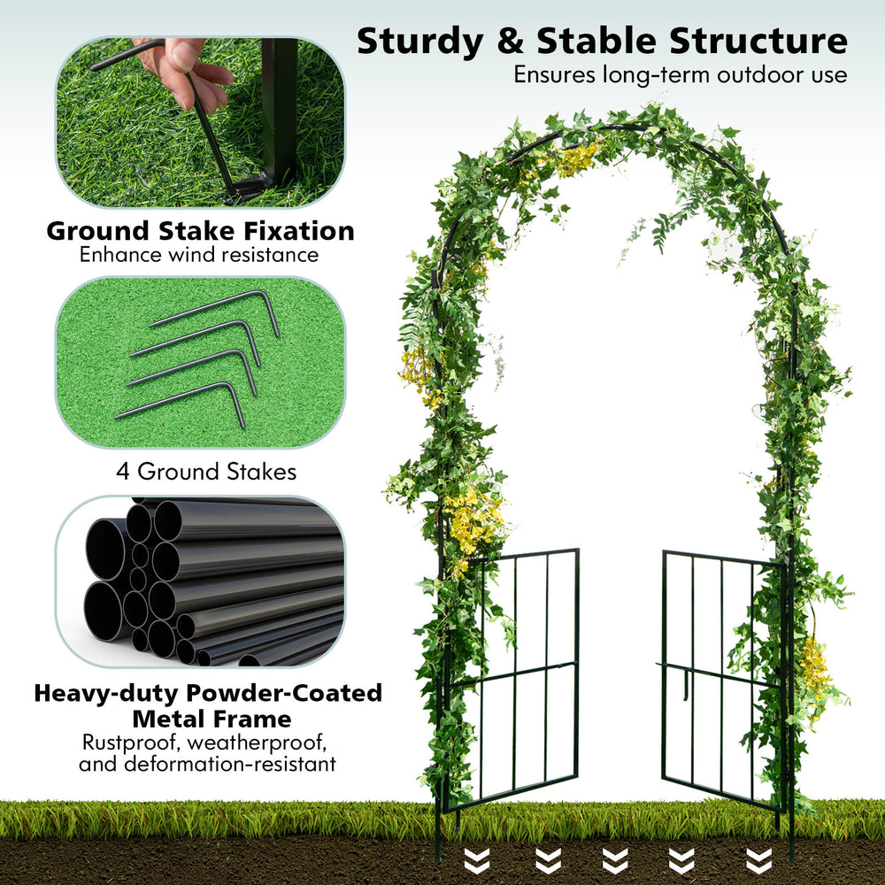 Garden arch arbor trellis with gate, black metal frame, includes 4 ground stakes for stability, perfect for outdoor.