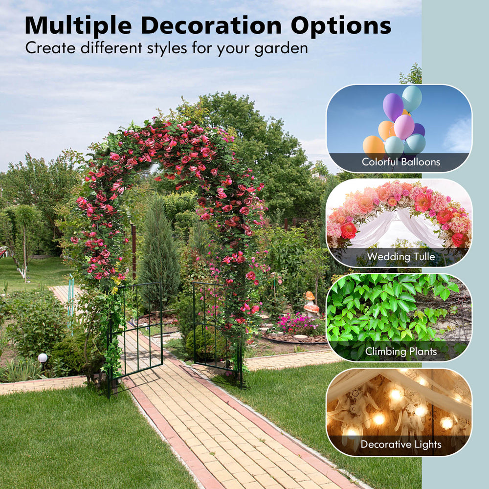 Garden arch arbor trellis with gate in black, featuring sturdy metal frame and climbing plant supports for outdoor.