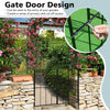Garden arch arbor trellis with gate in black, featuring sturdy metal frame and climbing trellises for garden decor.