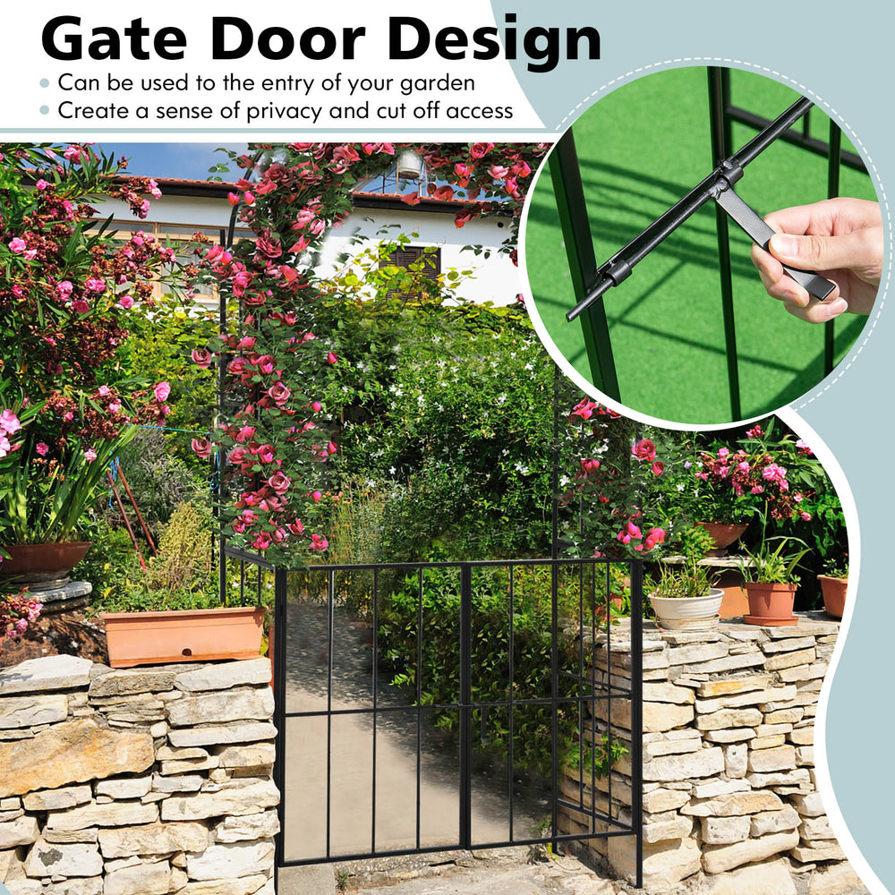 Garden arch arbor trellis with gate in black, featuring sturdy metal frame and climbing trellises for garden decor.
