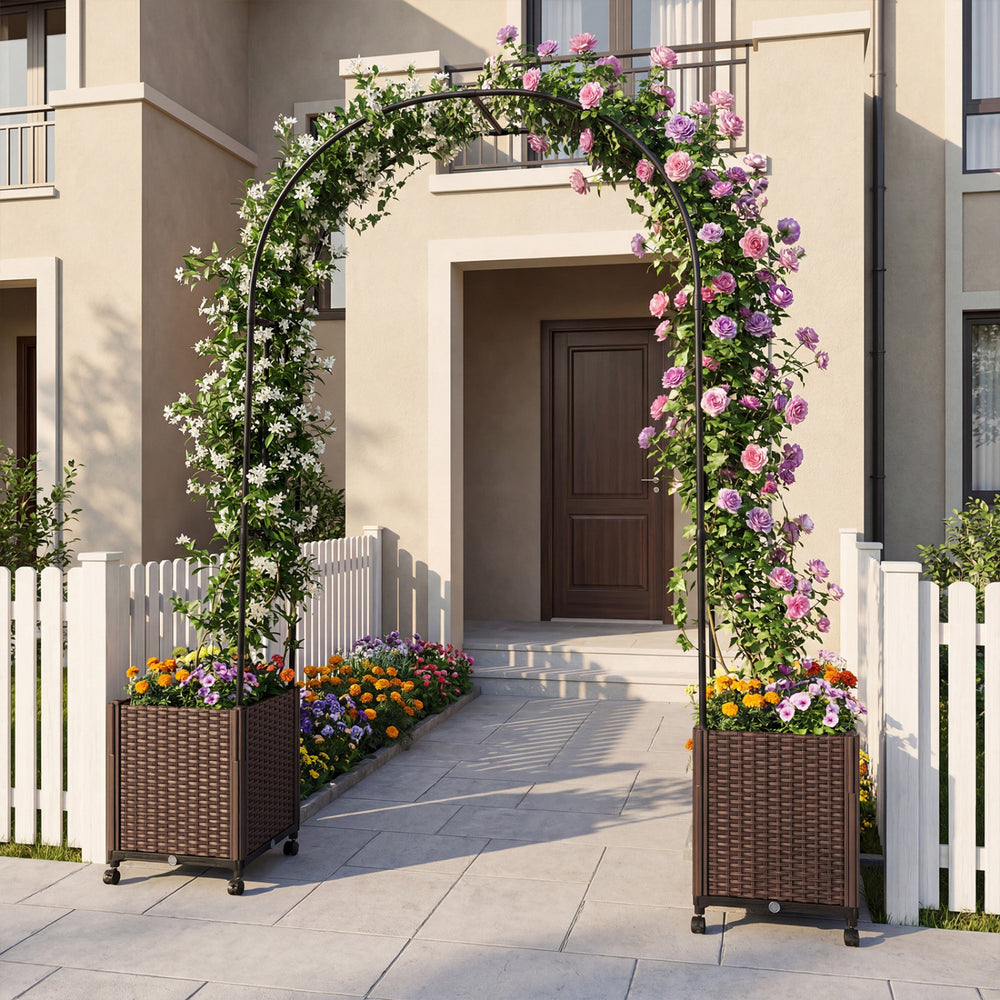 Garden arch trellis with two self-watering planter boxes in black, perfect for supporting climbing plants in your yard.
