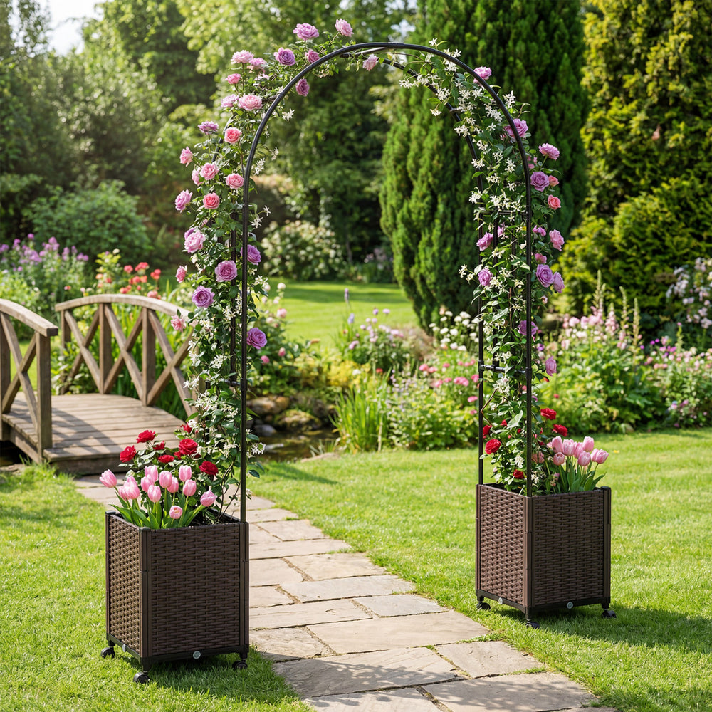 Classic arch top of the garden trellis with two self-watering planter boxes in black, perfect for vertical plant.