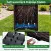 Self-watering planter box with drainage holes and siphon design, ideal for growing climbing plants in a garden arch.